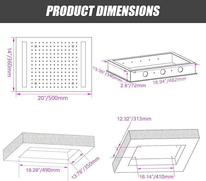 14x20 Inch LED Rainfall Shower Head- High Pressure Overhead Shower Heads with Water Filter Large Square Ceiling Mounted Bath Showerhead for Strong Spray & Relaxing Rain Shower (Chrome)