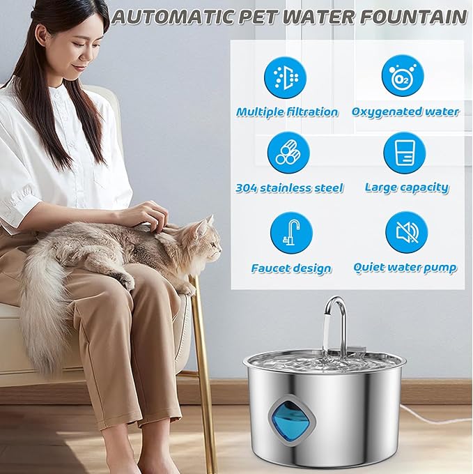 Pet Water Fountain for Dogs Inside,3.2L/108oz Cat Fountains for Drinking,Quiet Stainless Steel Dog Fountain Water Bowl,Visual Water Level,Triple Filtration for Large Medium Small Breed Dogs (833)