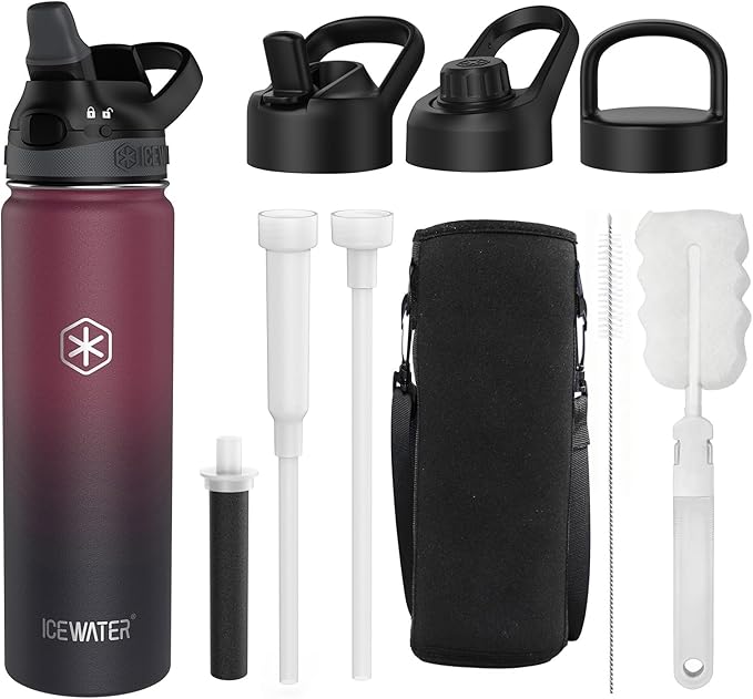 ICEWATER 24 oz Versatile Water Bottle with 4 Lids (Filtered Straw Option Reduces Chlorine Taste & Odor, Great for Travel), Triple Wall Vacuum Stainless Steel Insulated Cold for 48H, Fits in Cup Holder