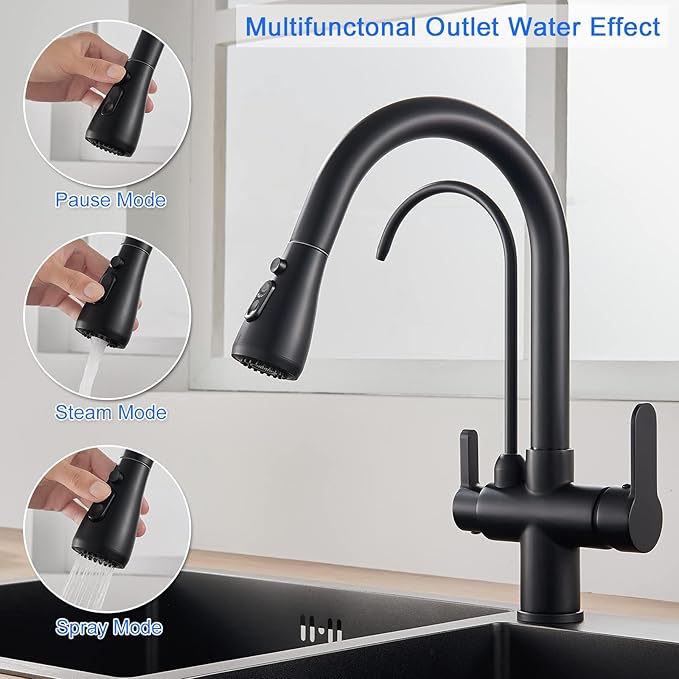 3 in 1 Kitchen Faucet with Drinking Water Faucet, 18 inch Pull Down Spray Kitchen Sink Faucet Filter Faucet (Matte Black)