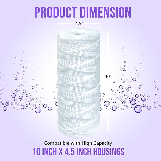High Capacity Wound String 5 Micron Sediment Water Filter Cartridge 10” x 4.5” Removes Sand, Dirt, Silt, Rust, Extended Filter Life Compatible with 355215-45, 84637, PC10, WP1097P, WPX597P (2 Pack)