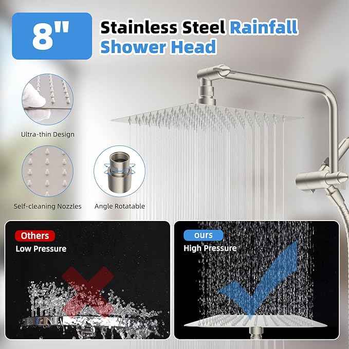 All Metal Shower Head, 8" High Pressure Rainfall/Handheld Shower Combo with 11" Extension Arm, 10-Spray Handheld Showerhead, 71" Long Hose, 3-Way Diverter Valve, Brushed Nickel