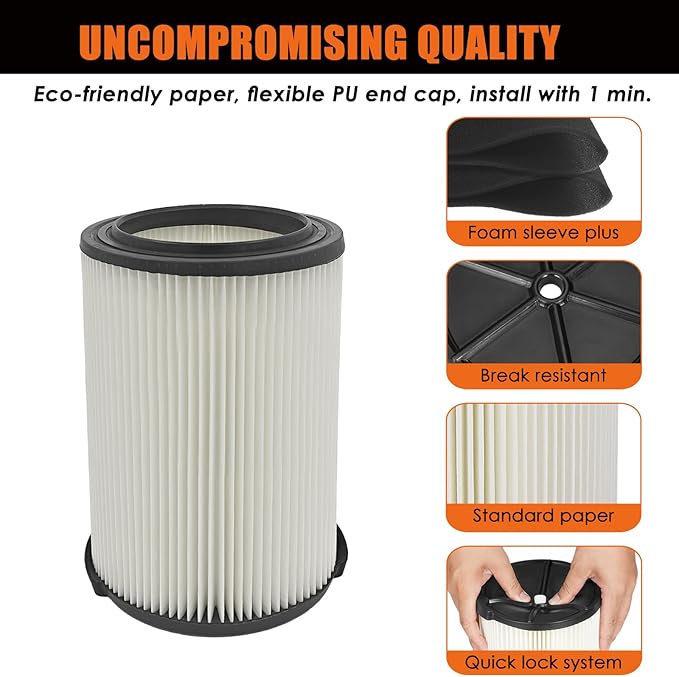 VF4000 Replacement Filter for Ridgid Shop Vacuums 5-20 Gallon, Universal VF4000 Filter Fits Rigid Wet Dry Vac/Husky Shop Vacuum Filter 6-9 Gallon with Foam Sleeves-1 Pack - AquaVibe