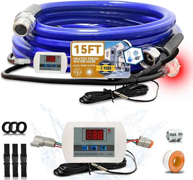 Cupohus Heated Water Hose for RV 15FT - Removable Adjustable Thermostat w/Real-Time Monitor Controller, -45℉ Freeze Protection for Winter Camping Travel, RV Owners & Outdoor Enthusiasts, 110-120V