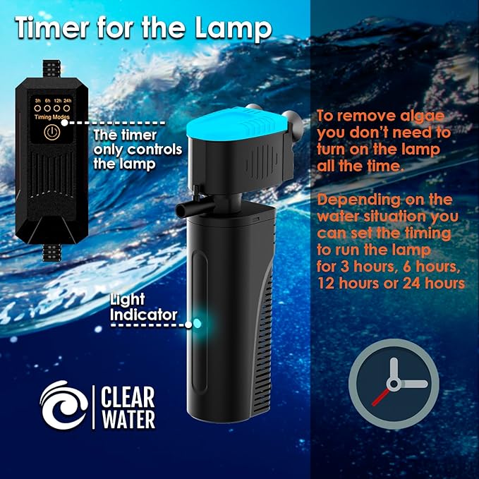 U - V Aquarium Filter with Timer (3/6/12/24 Hours) for Green Water Cleaning, Fish Tank Filter with Aeration & Rainfall Mode, Turtle Filter with Efficient Filter Sponge for Tanks 60-150 Gallon
