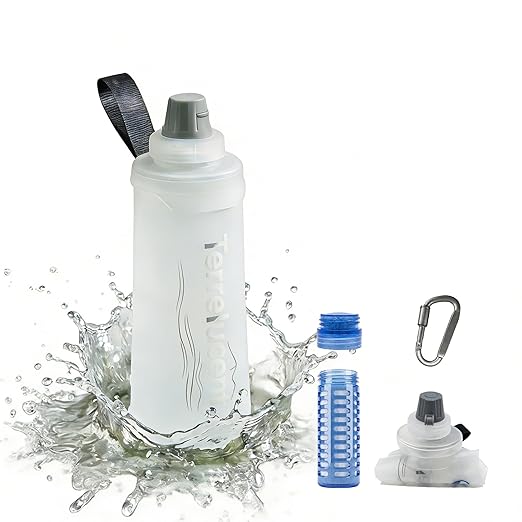 750ML Collapsible Water Bottle with Filter, Squeeze Filtered Water Bottle, BPA-Free, Dual Filtration, Ultralight Water Filter System for Hiking, Camping, Backpacking (White, 25.4 OZ)