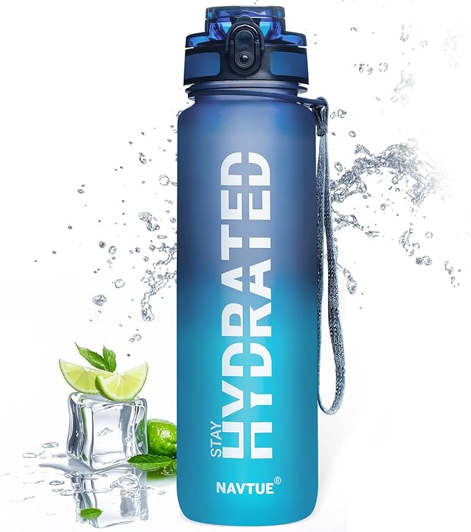 Water Bottle, 32oz Sports Water Bottles with Time Marker Wide Mouth, Motivational and Leakproof Drink Bottle, BPA Free Tritan with Carry Strap for Gym Fitness Outdoor (1 Bottle)