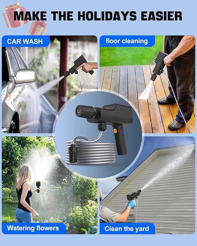 Foldable Cordless Pressure Washer with Battery & Car Charger, 249PSI Portable Power Washer Gun with 16.4 FT Hose & 5-in-1 Nozzle Handheld High Pressure Cleaner for Car Bicycles Camping Patio