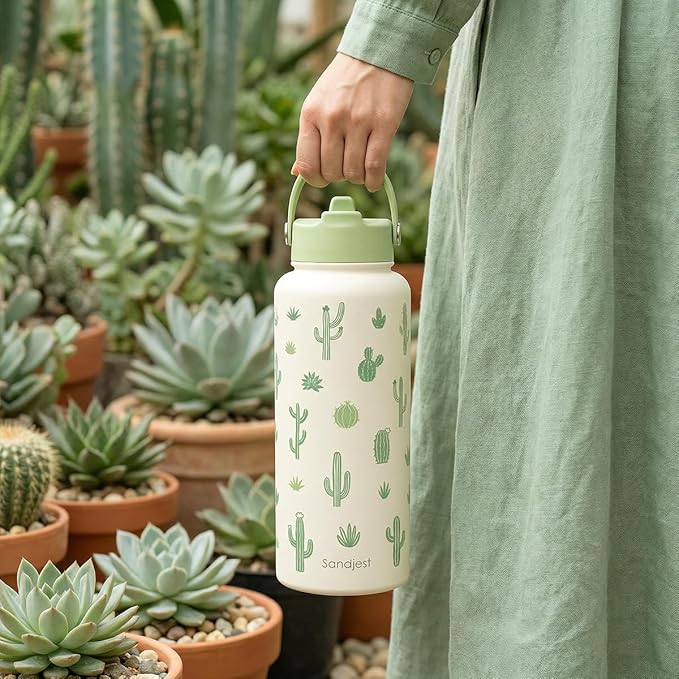 Cactus Gift for Women, Water Bottle Stainless Steel 32oz with Lid & Straw, Plants Lover Insulated Bottles Gifts for Girls Friends Teens Birthday Christmas