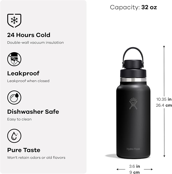Hydro Flask Water Bottle - Insulated Stainless Steel - Wide Mouth Flex Chug Lid, Non Spill, Leakproof in 32 Oz Shale Gray