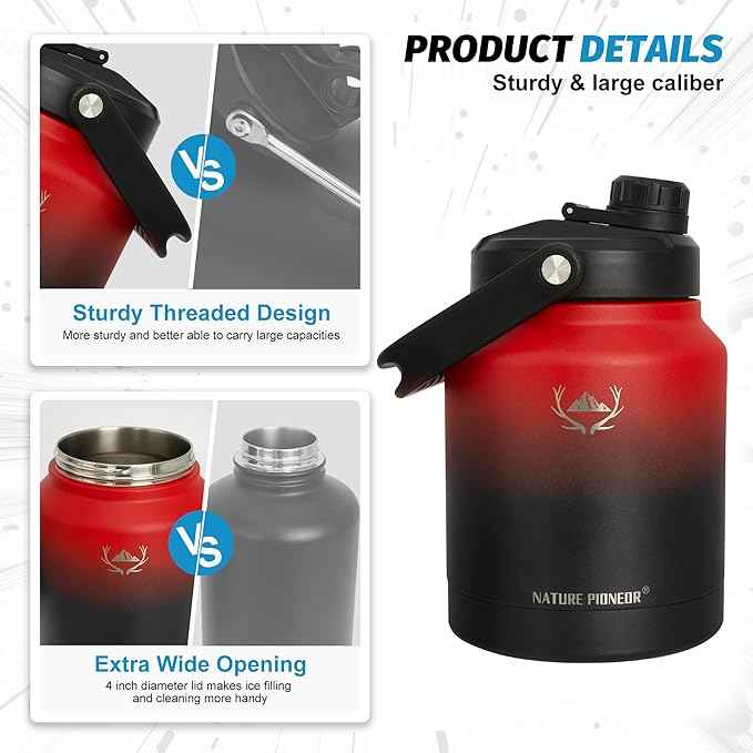 NATURE PIONEOR 84 oz Insulated Water Bottle - Double Vacuum Stainless Steel Water Jug with Holder/Carrier, Wide Mouth, Outdoor Sports, Hiking, Camping, Gym