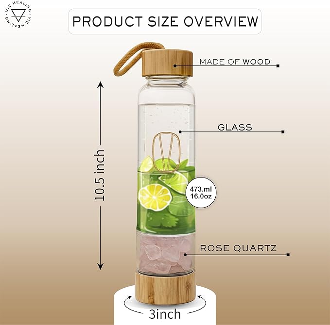 Vie Healing Gem Infused Rose Quartz Crystal Water Bottle, 16oz | Crystal Glass Bottle for Mindful Hydration, Daily Balance & Style | Eco Friendly Reusable Water Bottle for Home, Office, Gym & Travel