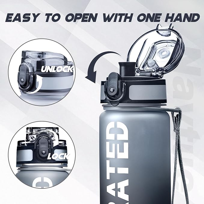 Water Bottle, 16oz Sports Water Bottles with Time Marker Wide Mouth, Motivational and Leakproof Drink Bottle, BPA Free Tritan with Carry Strap for Gym Fitness Outdoor(1 Bottle)
