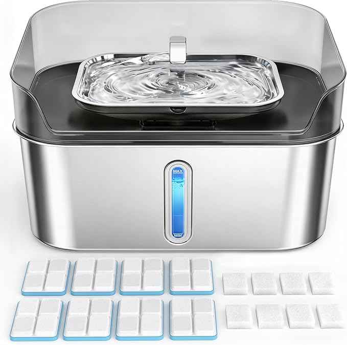 Large Stainless Steel Dog Water Fountain no Spilling, 2.1Gal/8L Automatic Dog Water Bowl Dispenser, Super Quiet Cat Fountain with 8 Replacement Filters Set, Dog Bowl to Drinkg Inside, Gifts for Pets
