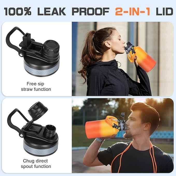 Insulated Water Bottle 64 oz, Half Gallon Water Jug Cold 48H, BPA Free Stainless Steel Bottles with Straw/Chug 2-in-1 Lid, Bag, Paracord Handle, Silicone Boot, Sports Gym School Metal Flask