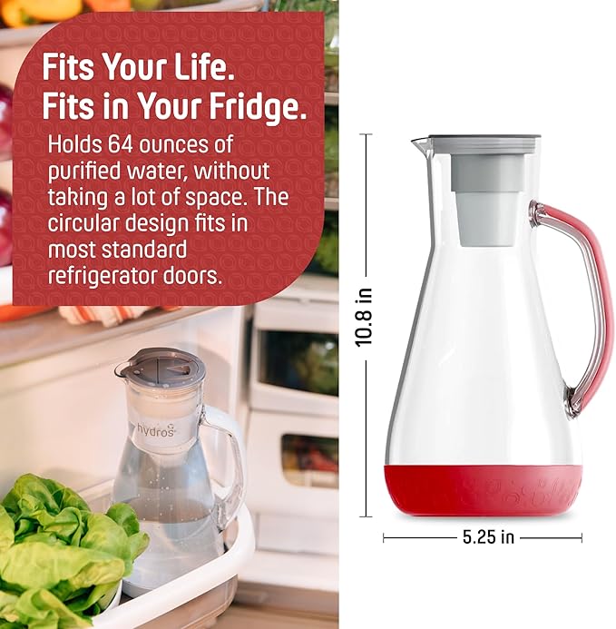 Hydros 64 Ounce Water Filter Pitcher with Patented Fast Flo Tech, 60 Second Quick Fill-Up and BPA-Free Recyclable Filter, Eight Cup Capacity, Red