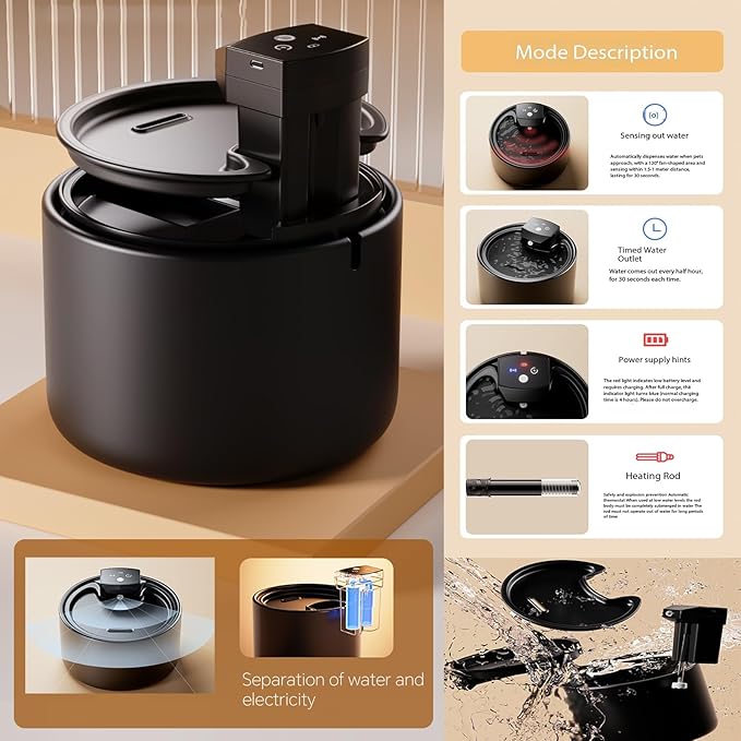 Cordless Ceramic Cat Water Fountain Constant 30°: 101.45oz/3L Automatic Super Silent Intelligent Sensor Pet Drinking Dispenser with 5000mAh Battery Dog Water Bowl Dispenser(Black 30°UVC)