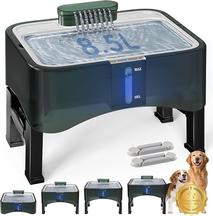 UPSKY 2.25Gal Elevated Dog Water Fountain, 4 Heights Adjustable Pet Fountain for All Dog Sizes, 304 Stainless Steel Tray Indoor Drinking Dispenser with Ultra-Quiet Pump & 4 Replacement Filters Green