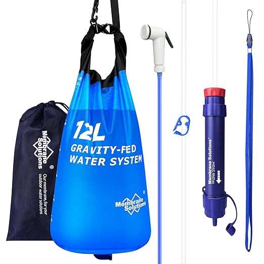 Membrane Solutions Gravity Water Filter Max 12L with Detachable Shower, NSF/ANSI 42&372&401 Certified, 0.1μm Water Purifier Camping with Adjustable Tree Strap Storage, Survival Gear for Emergency Kits