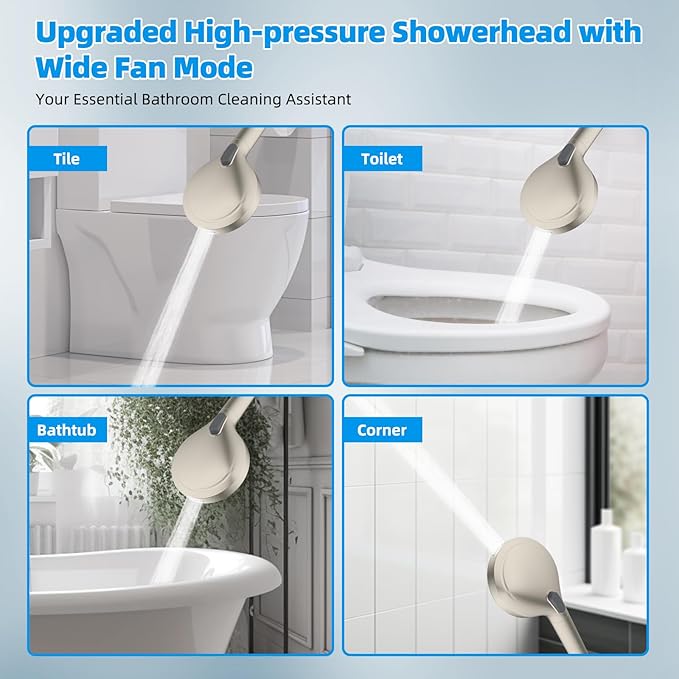 Hibbent All Metal Shower Head, 10'' High Pressure Rainfall Shower Head/Handheld Showerhead Combo/ 12'' Adjustable Curved Shower Extension Arm, 10-Spray, 71'' Hose, Showerhead Holder, Brushed Nickel