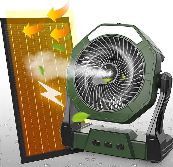 Ausic 10W Solar Fan with Mister, Misting Camping Fan with Solar Panel, Portable Outdoor Fans, 8 Inch Battery Operated Rechargeable Cooling Fans with Water Spray for Travel/Beach/Chicken Coop