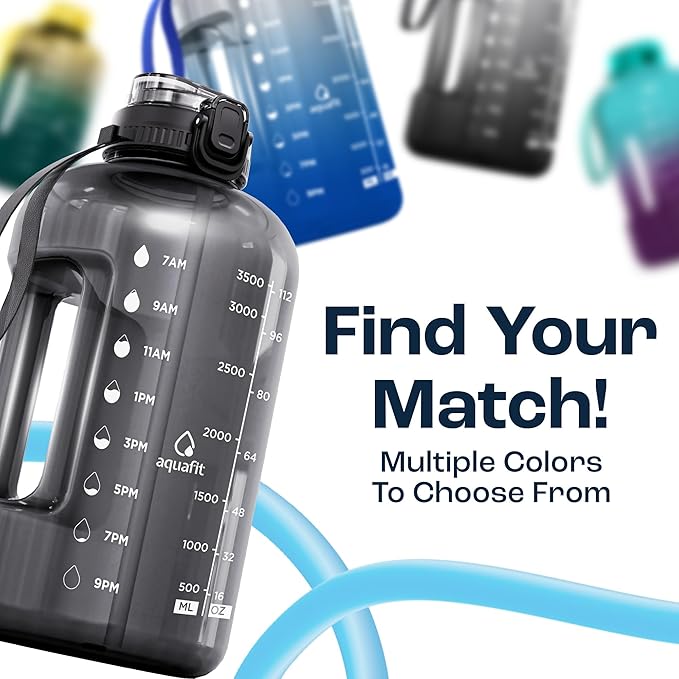 AQUAFIT 1 Gallon Water Bottle with Time Marker - Straw & Chug Lid - BPA Free Gym Water Bottle with Straw - Big Gallon Jug (Clarity, 128 oz - 2in1 Lid)