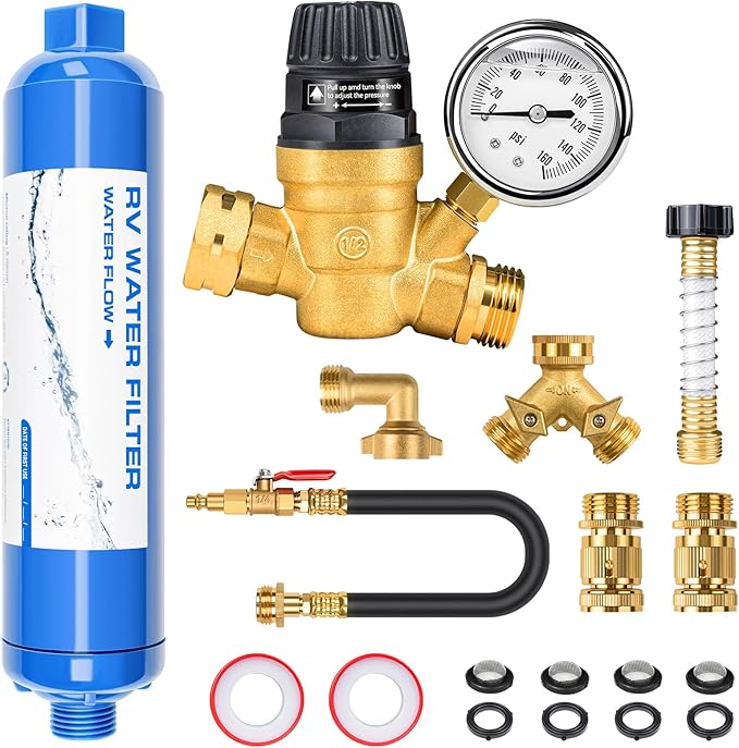 AUH Water Pressure Regulator Filter Kit for RV Camper, Fresh Water Kit All-in-One with Inline Water Filter,Hose Splitter, Brass Elbow,Flexible Connector, Hose Quick Connects,Leak Repair Kit