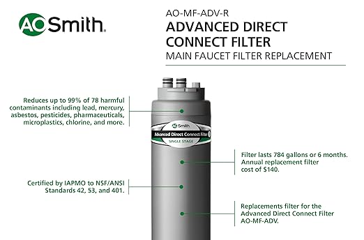 AO Smith Advanced Direct Connect Under Sink Replacement Filter for AO-MF-ADV System - Claryum Filtration Reduces Up To 99% of 78 Harmful Contaminants - AO-MF-ADV-R