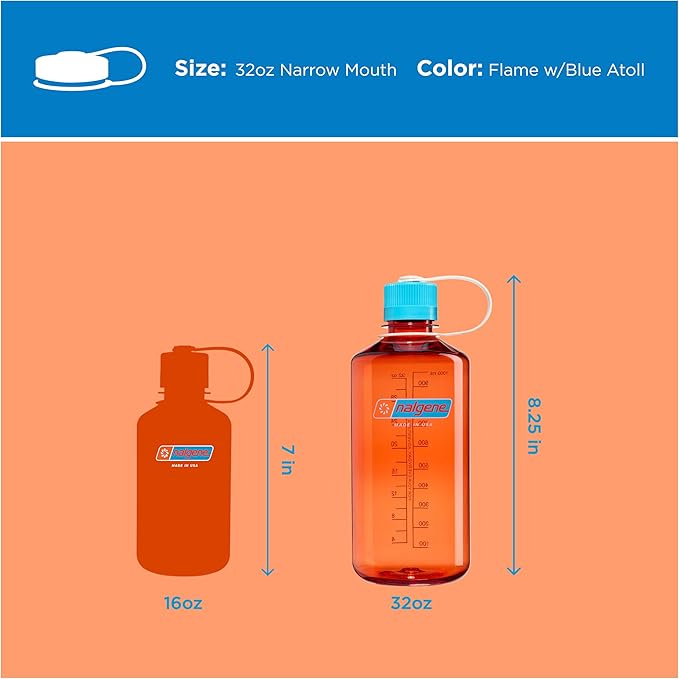Nalgene 32 oz Narrow Mouth Water Bottle | BPA-Free, Durable & Leak Proof, Lightweight for Gym & Office – Thrill & Motion, Flame w/Blue Atoll