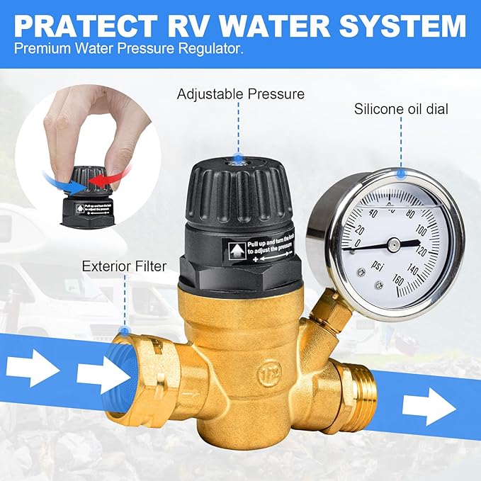 AUH Water Pressure Regulator Filter Kit for RV Camper, Fresh Water Kit All-in-One with Inline Water Filter,Hose Splitter, Brass Elbow,Flexible Connector, Hose Quick Connects,Leak Repair Kit
