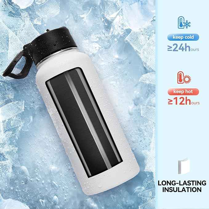Neihepal 32 oz Insulated Water Bottles Bulk with 2 Lids (Straw & Spout Lid), Stainless Steel Double Wall Water Bottle, Keeps Cold 24H & Hot 12H (White,4 Pack)