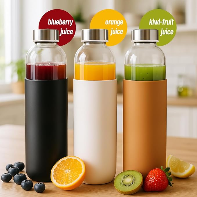 32 oz Glass Juice Bottles with Lids and Silicone Sleeve, Reusable Refillable Water Bottles for Juicing, Refrigerator,100% Leak Proof, BPA Free, Clear Glass Set of 3