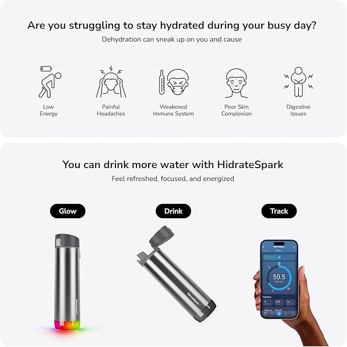 Hidrate Spark PRO Smart Water Bottle - Tracks Water Intake & Glows to Remind You to Stay Hydrated, Chug & Straw lid, 21oz (Brushed)