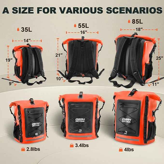 Waterproof Backpack Dry Bag 35L/55L/85L– Heavy Duty Roll-Top Hiking Backpack Sack Keeps Gear Dry for Travel, Kayaking, Boating, Camping, Rafting and Fishing