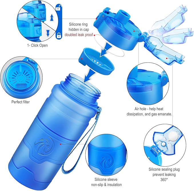 ZORRI Sports Water Bottle, 400/500/700ml/1L, BPA Free Leak Proof Tritan Lightweight Bottles for Outdoors,Camping,Cycling,Fitness,Gym,Yoga- Kids/Adults Drink Bottles with Filter, Lockable Pop Open Lid