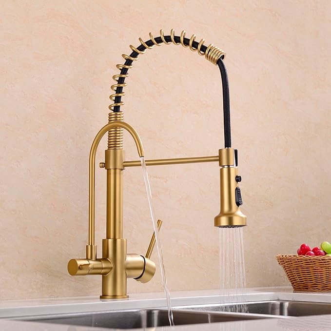 Commercial 3 in 1 Spring Brushed Gold Kitchen Faucet, High Arc Single Hole Pull Down Sprayer Kitchen Sink Faucet, RO System Water Filter Faucet Integrated into Kitchen Faucet