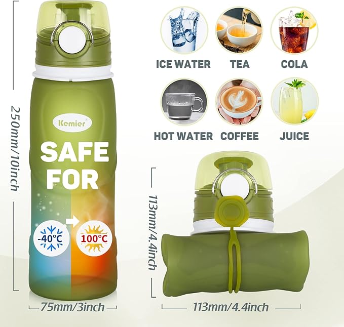 Kemier Collapsible Silicone Water Bottles-750ML,Medical Grade,BPA Free Travel Water Bottle Can Roll Up,26oz,Leak Proof Foldable Sports & Outdoor Water Bottles