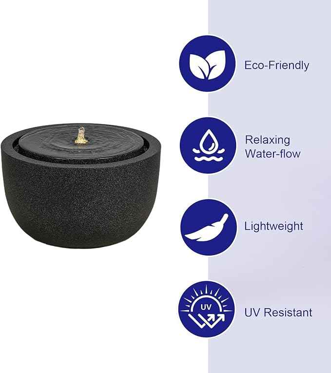 12.60” H Outdoor Water Fountain Made with Eco-Friendly Recyclable Materials, Polyethylene Round Bubbler Water Fountain Outdoor, Garden Decor with LED Light for Patio, Porch, Backyard (12.60")