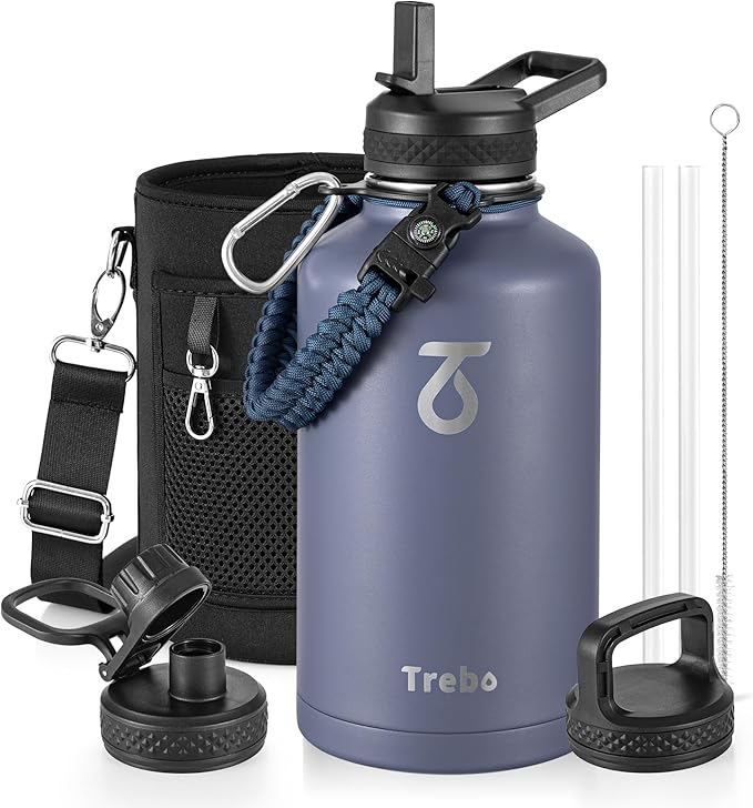 Trebo Water Bottle 64oz with Paracord Handle, Half Gallon Large Vacuum Double Wall Stainless Steel Insulated Water Jug with Holder Strap Straw Spout Lids, Leakproof Keep Cold & Hot, Grayish purple
