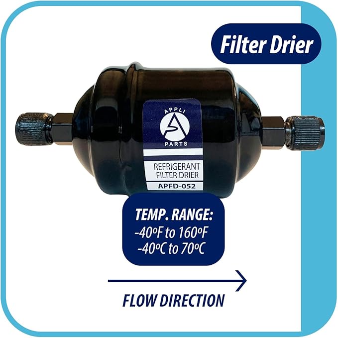 Appli Parts APFD-052 1/4 in Liquid Line Refrigerant AC Filter Drier hvac Refrigeration 052 SAE Flare connection universal unidirectional 4-1/2 in long 2 in wide