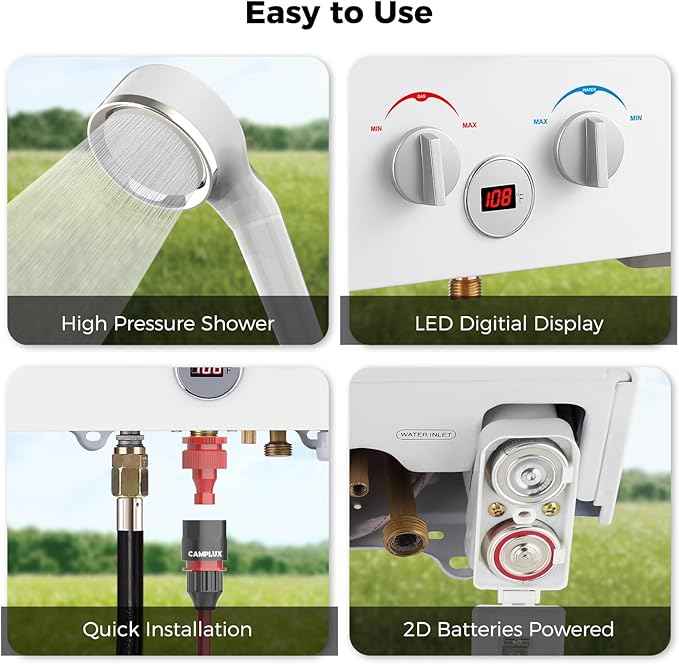 CAMPLUX 4.22GPM Propane Water Heater with 3.3 GPM Water Pump & Pipe Strainer, 110,000BTU Tankless Outdoor Water Heater, BW422P120