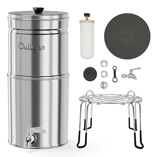 Culligan MaxClear 3 Gallon Gravity Water Filter System, Polished Stainless-Steel Countertop Water Filter NSF/ANSI Certified to Reduce Microplastics, Lead & Total PFAS, with 2 Ceramic Filters