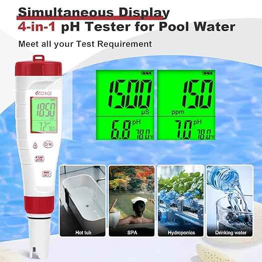 pH Tester,Digital pH Meter for Water,New Version TDS Meter for Drinking Water with Backlit Simultaneously Display 4 in 1 TDS pH EC Meter for Water Hydroponic Nutrient Solution,Pool,Home Use