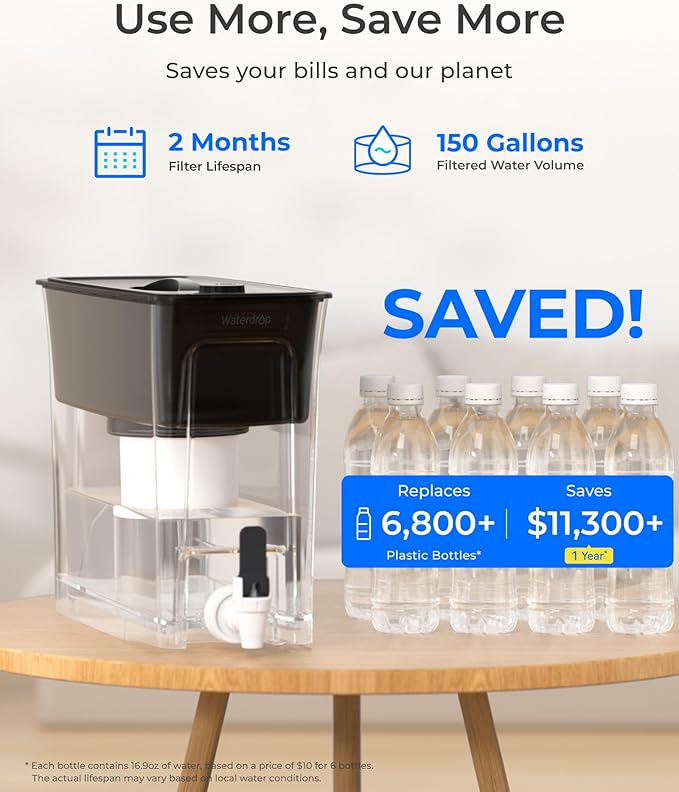 Waterdrop 35-Cup Large Water Filter Dispenser, Fluoride-Reducing, 150-Gallon Long-Life, Reduces Chlorine, PFOA/PFOS and More, BPA Free, Black (with 1 Filter)