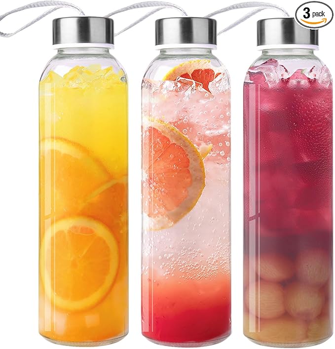 3 Packs Glass Water Bottles with Lid Clear Juice Bottles Reusable Bottle with Stainless Steel Cap Glass Cups Liquid Storage Containers for Juicing Beverage Refrigerator Travel-17oz