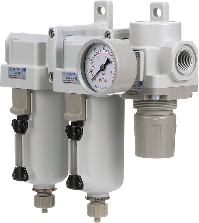 PneumaticPlus SAU430-N04G-MEP 3 Stage Compressed Air Filter Dryer System - Particulate Air Filter, Coalescing Air Filter, Compressed Air Pressure Regulator Combo, 1/2" NPT - Metal Bowl, Manual Drain - AquaVibe