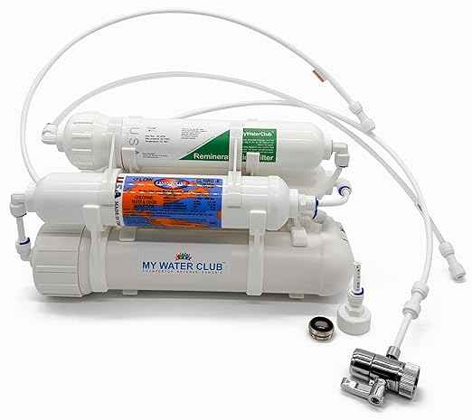 Mineral 5-Stage Countertop MyWaterClub Reverse Osmosis Water Purification System, 100 GPD Membrane, with Post re-Mineralization Filter. Dual Connection: Faucet and Garden/Laundry Hose Adapter