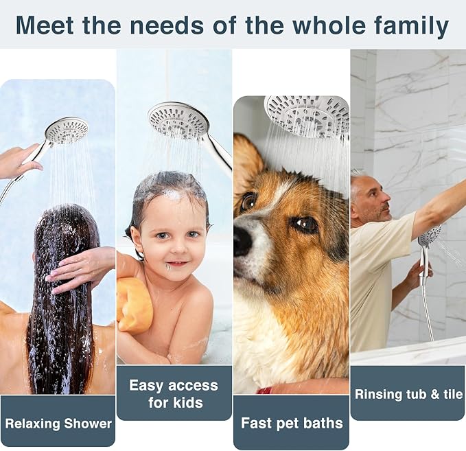 BRIGHT SHOWERS 9 Spray Settings Shower Head with Handheld High Pressure Brushed Nickel Hand Held Showerhead with 60 Inch Stainless Steel Hose and Adjustable Overhead Bracket - AquaVibe