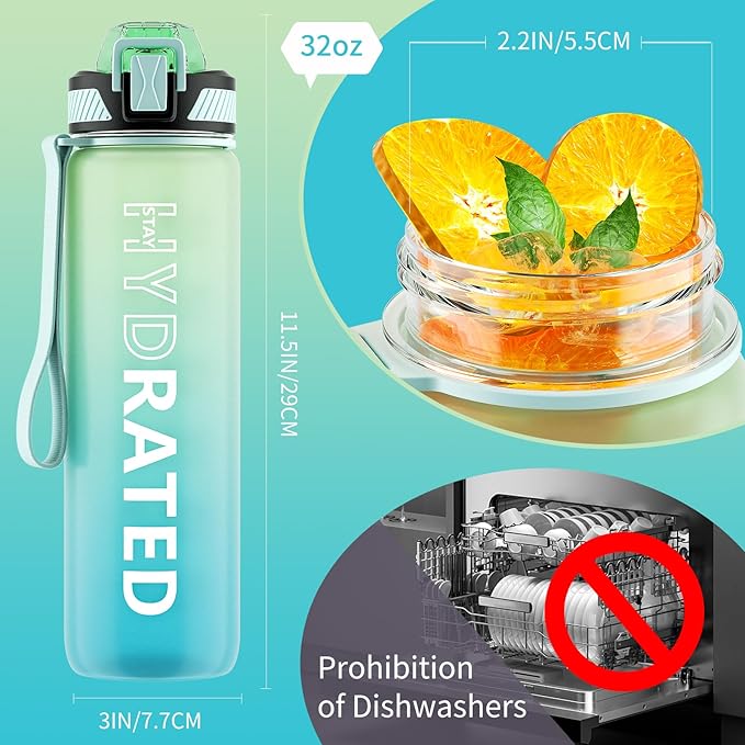 Water Bottle with Straw, 32oz Motivational Water Bottles with Time Marker to Drink, Tritan BPA Free, 1L Sports Water Bottle with Carry Strap LeakProof for Women Gym Fitness Outdoor (1 Pack)