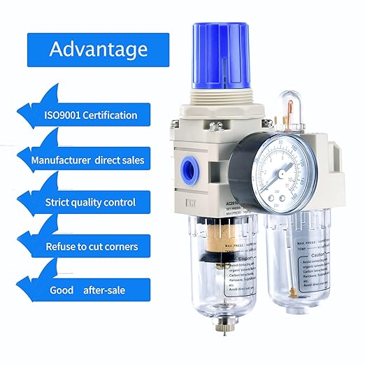 BLCH 1/4" NPT Air Compressor Water Separator - Air Pressure Regulator Compressed Air Filter Regulator Lubricator Combo AC2010-02 Manual Drain Poly Bowl Gauge 0-160 PSI 5μm Brass - AquaVibe